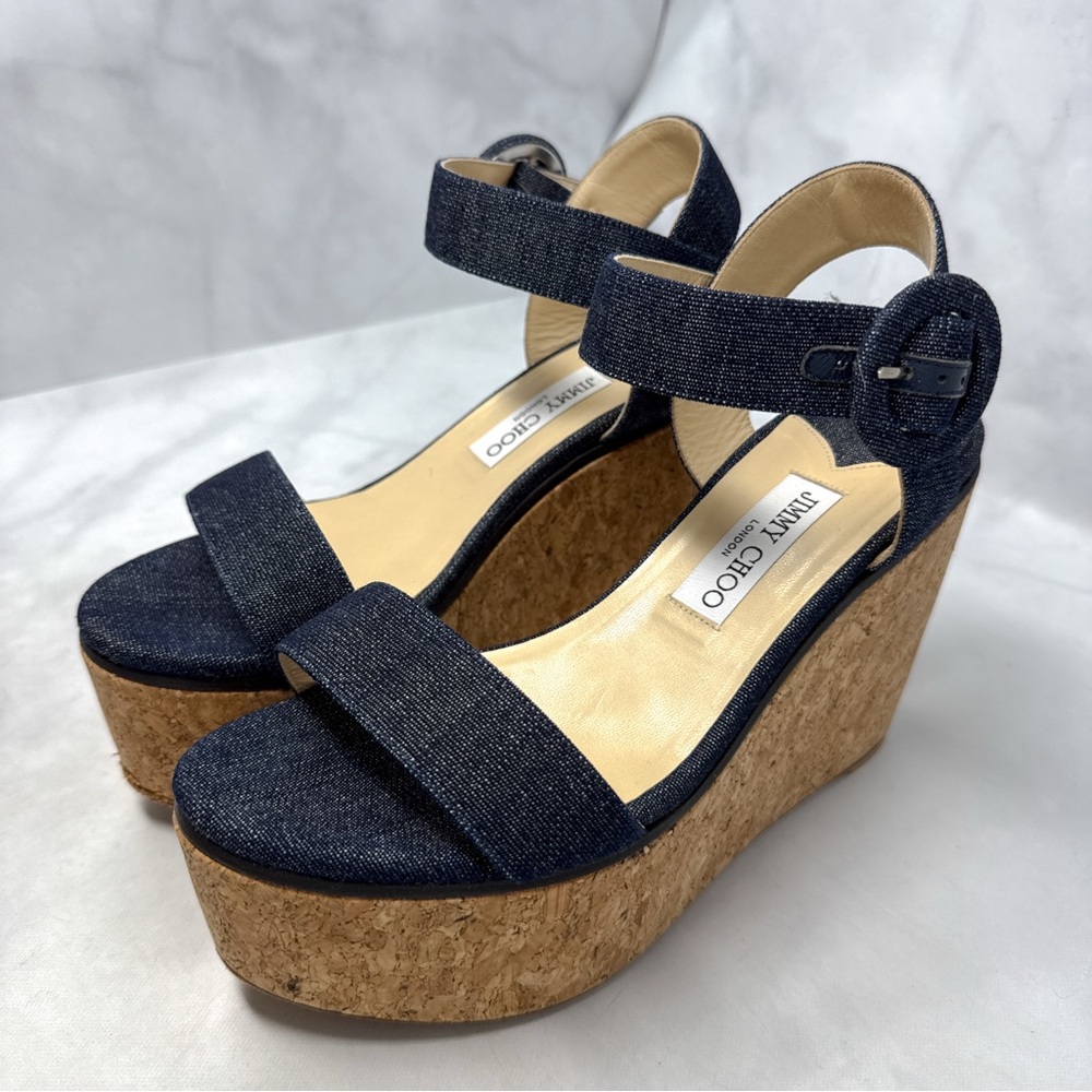 Jimmy Choo Abigail Denim Chambray Chunky Platform Cork Wedge Sandal Heels 39 - Picture 4 of 15